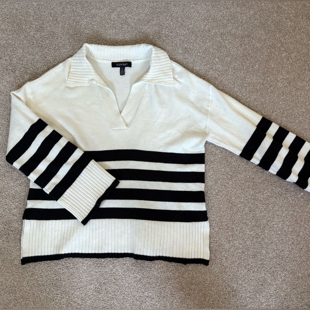 Ellen Tracy Black and White Striped V-Neck Sweater